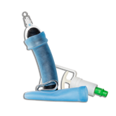 The image displays a blue vacuum hanging kit, consisting of two sleeves, a carabiner, a vacuum bell, and a suction handle, all laid out on a white background.